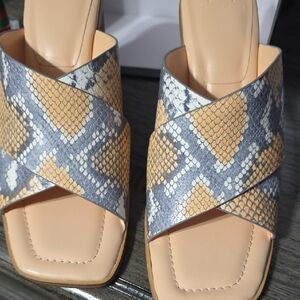 Marc Fisher Snake Print Mules in Gray and Tan